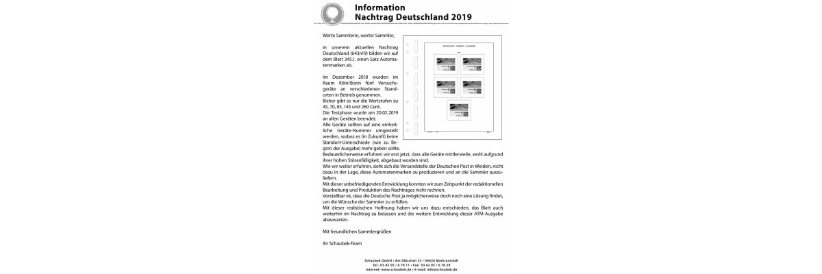 Wichtige Information zum Nachtrag Deutschland 2019 - Wichtige Information zum Schaubek-Nachtrag Deutschland 2019